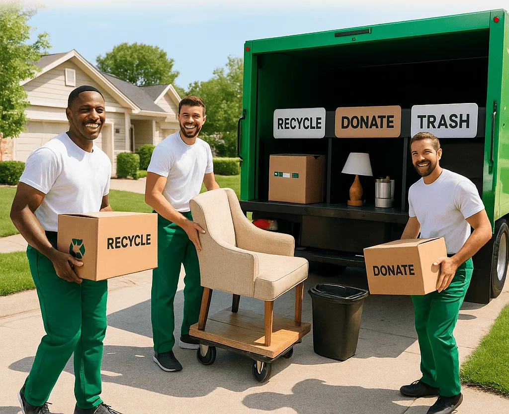 Junk removal workers loading old furniture and household items into a truck, suggesting a cleanup or decluttering service in progress.