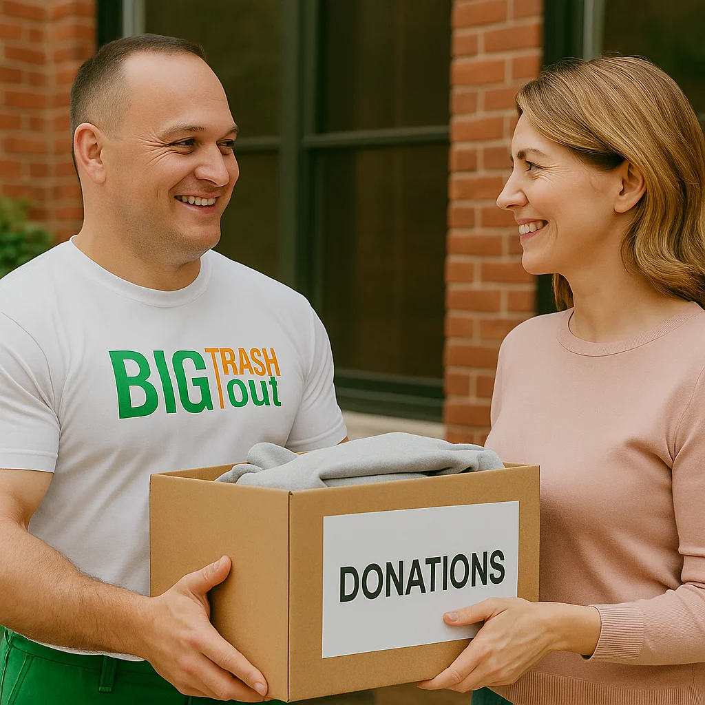 A satisfied customer hands over a box of old items to a junk removal worker, highlighting a smooth and friendly service interaction