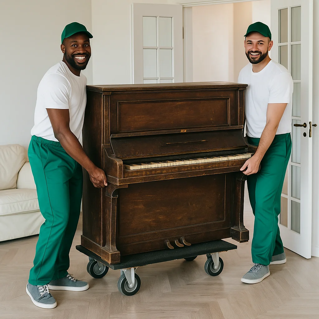 Junk removal workers carefully transporting an old upright piano onto a truck, illustrating the handling of large, heavy items during a cleanout